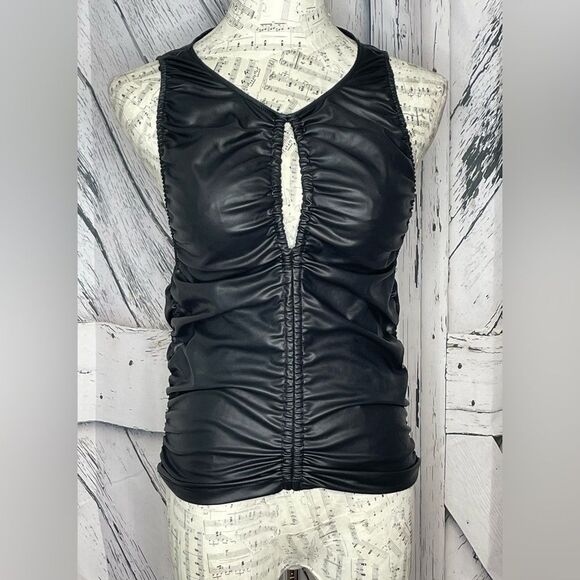 Free People Ride Along Faux Leather Top Gathered Black Small - Picture 2 of 7